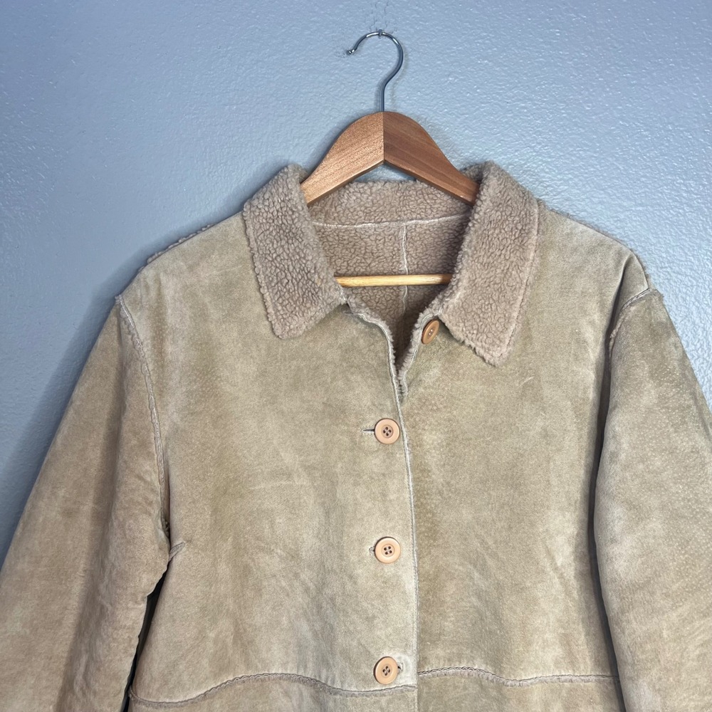 Brandon Thomas Y2K Leather Suede Jacket‎ Womens Sz XL Faux Sherpa Lined Longline - Picture 4 of 10